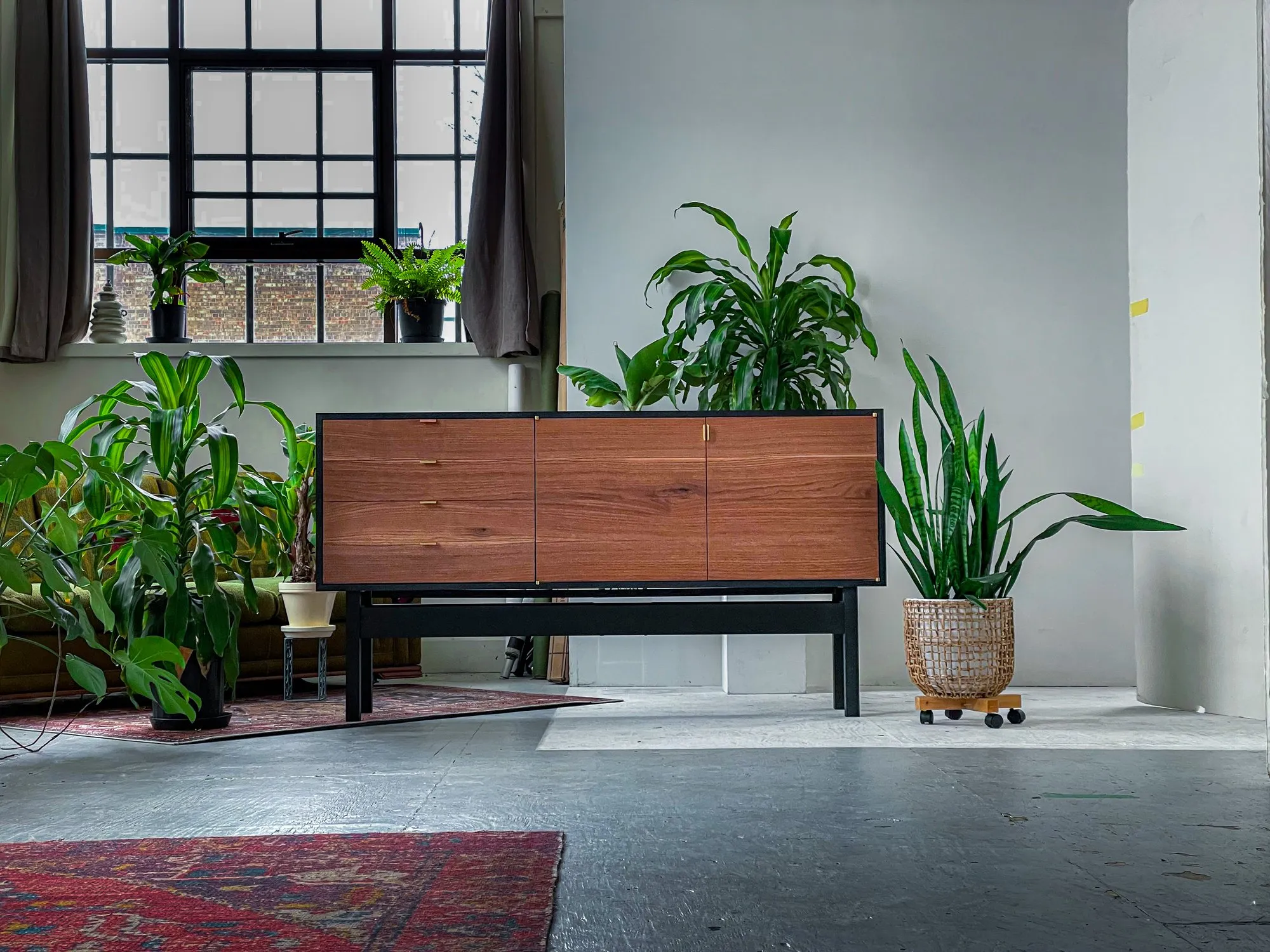 The Bradley Credenza — a low black-stained maple cabinet with walnut door and drawer fronts on a slender black base, in a plant-filled loft.