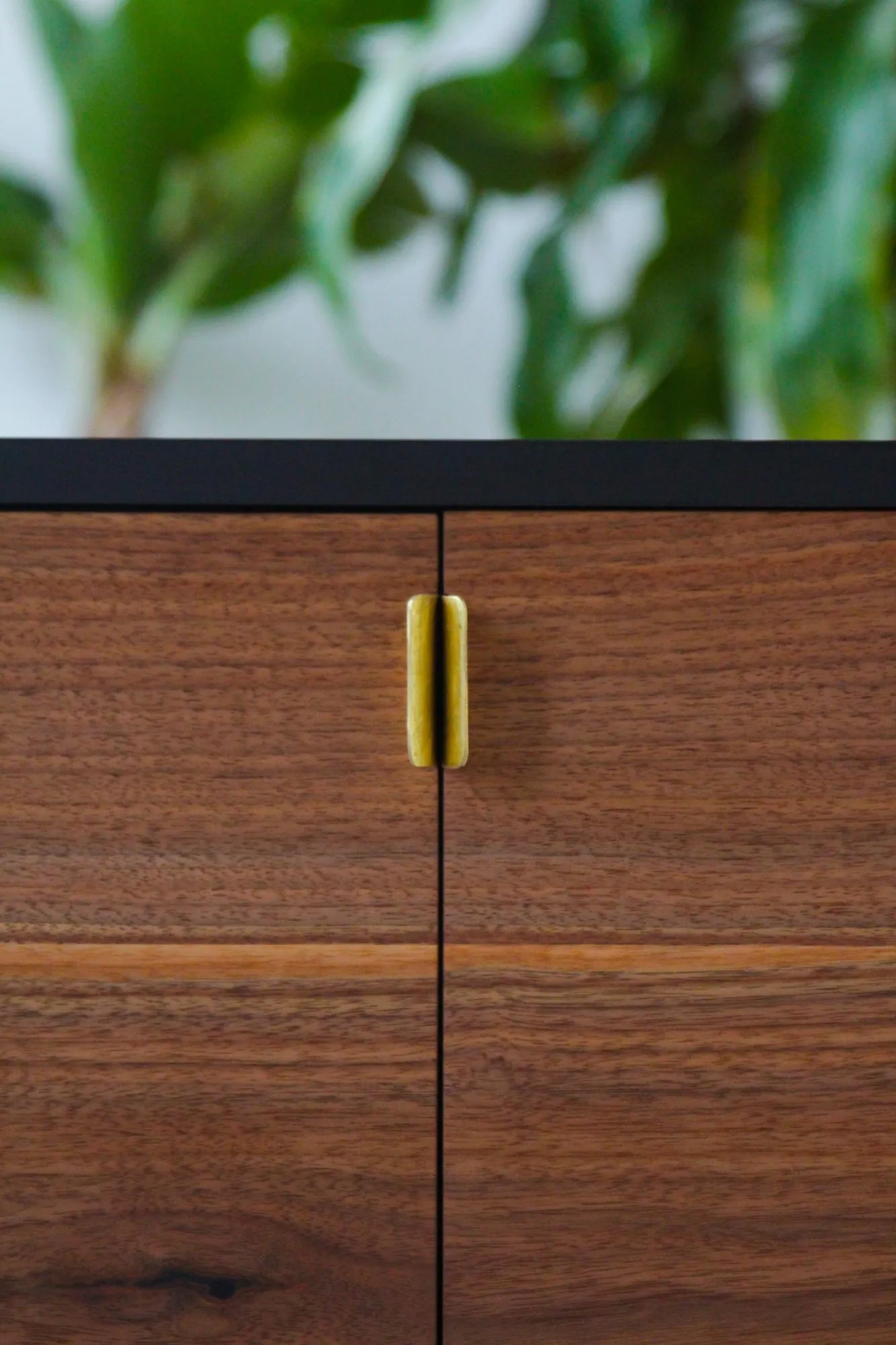 Close detail of the two hand-shaped brass pulls where the walnut doors meet.